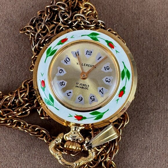 Villeruse 1960s Swiss Hand Wind Necklace Watch with Hand Painted Enameled Roses main image 6